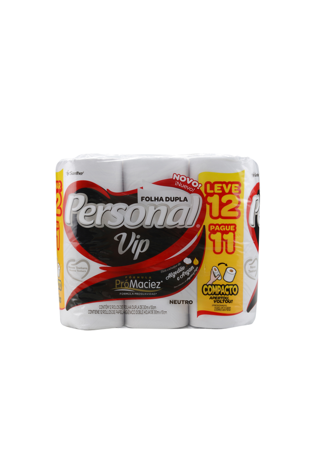 PAPEL HIGIÊNICO FOLHA DUPLA NEUTRO PERSONAL VIP 30M PACOTE LEVE 12 PAGUE 11 UNIDADES