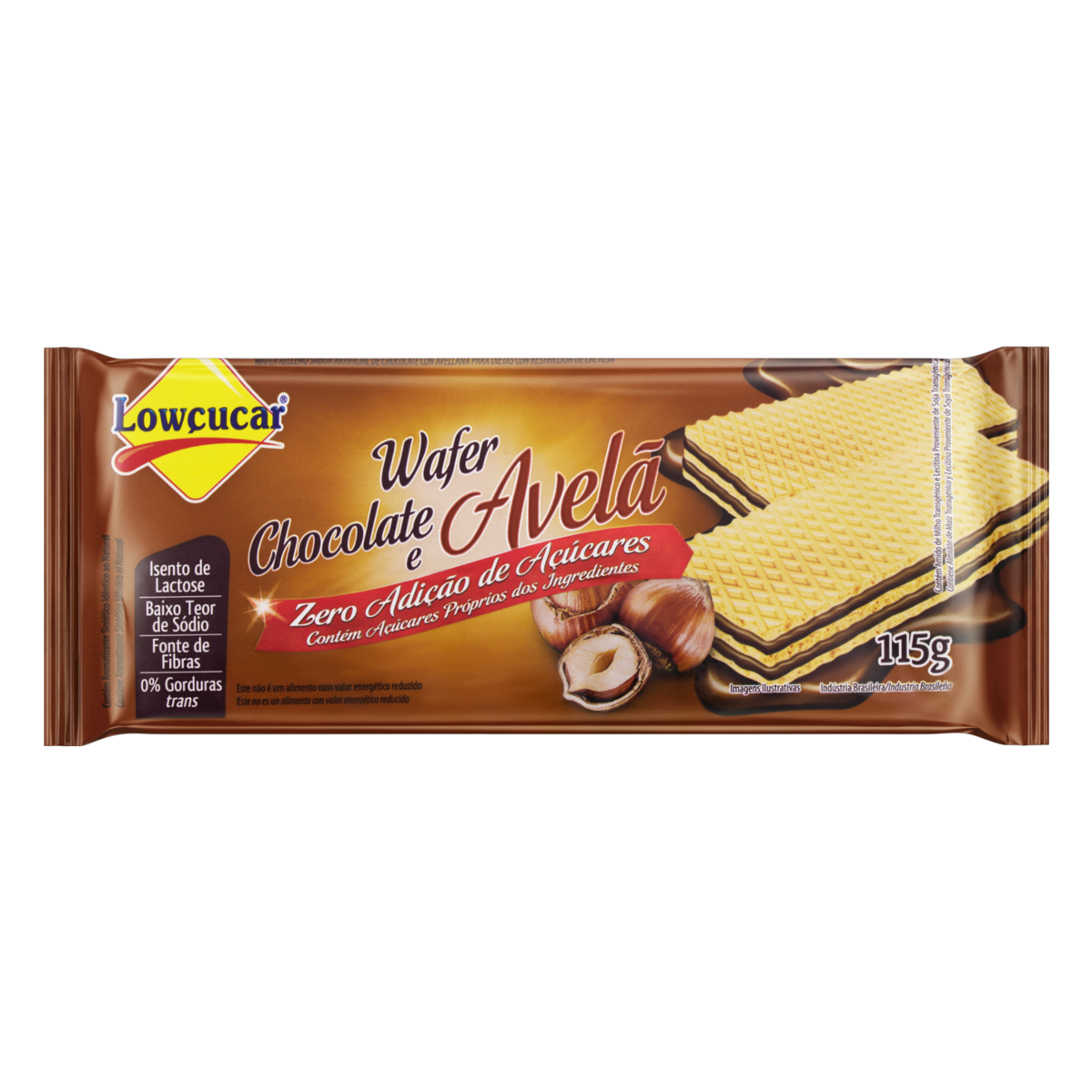 BISCOITO WAFER RECHEIO CHOCOLATE E AVELÃ ZERO LACTOSE LOWÇUCAR PACOTE 115G