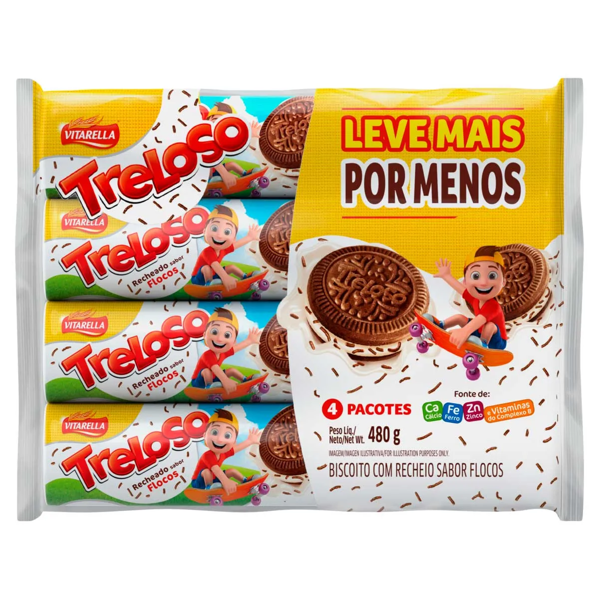 PACK BISCOITO RECHEADO DE FLOCOS VITARELLA TRELOSO 480G 4 UNIDADES LEVE MAIS PAGUE MENOS