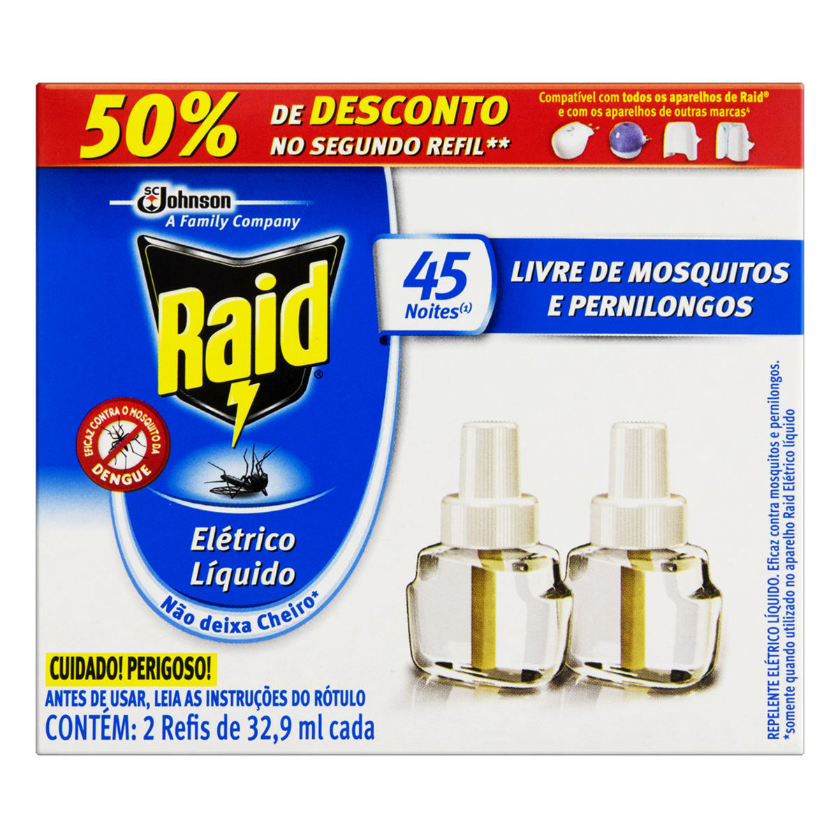 REPELENTE LÍQUIDO ELÉTRICO 45 NOITES RAID CAIXA 2 UNIDADES 32,9ML CADA GRÁTIS 50% DE DESCONTO NO SEGUNDO REFIL
