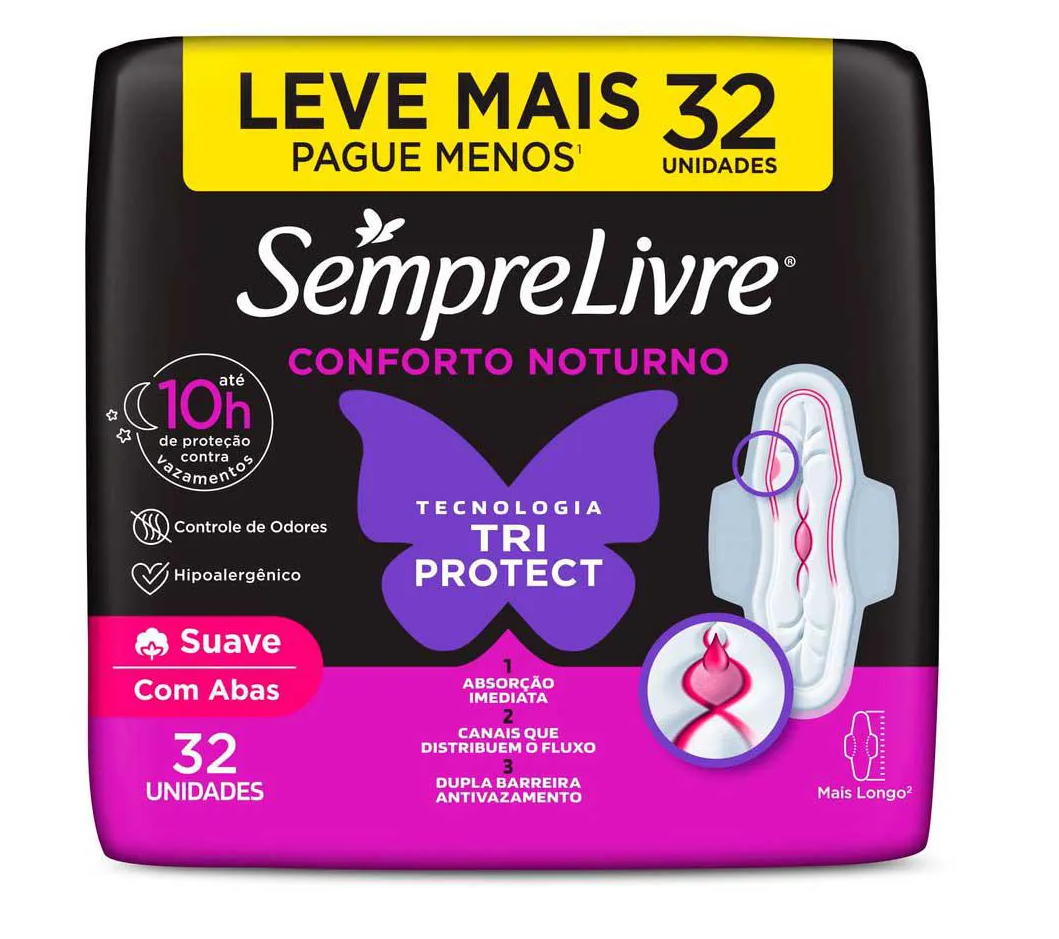 ABSORVENTE COM ABAS SUAVE SEMPRE LIVRE CONFORTO NOTURNO PACOTE 32 UNIDADES LEVE MAIS PAGUE MENOS
