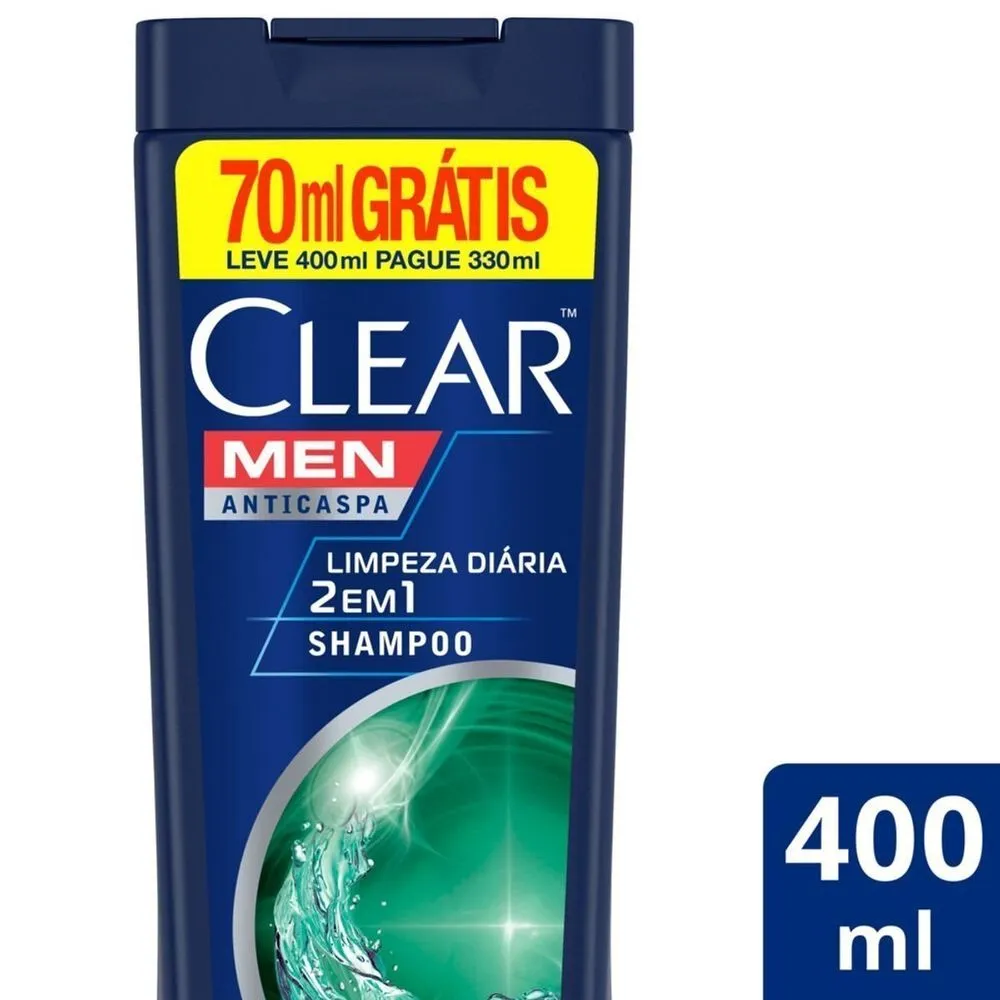 SHAMPOO ANTICASPA CLEAR MEN LIMPEZA DIÁRIA 2 EM 1 LV 400ML PG 330ML