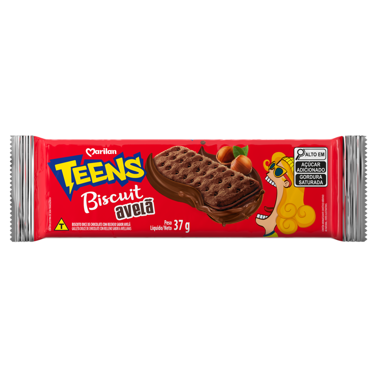 BISCOITO CHOCOLATE RECHEIO AVELÃ MARILAN TEENS BISCUIT PACOTE 37G