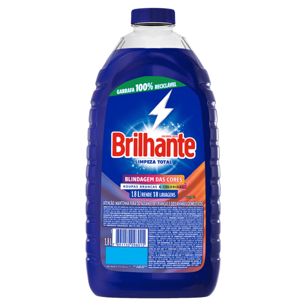 LAVA ROUPAS BRILHANTE LÍQUIDO LIMPEZA TOTAL 1,8L
