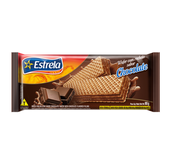 BISCOITO WAFER RECHEIO CHOCOLATE ESTRELA PACOTE 80G