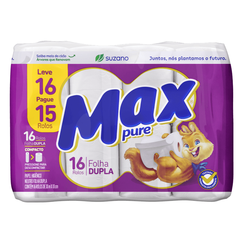 PAPEL HIGIÊNICO FOLHA DUPLA NEUTRO MAX PURE 30M PACOTE LEVE 16 PAGUE 15 UNIDADES