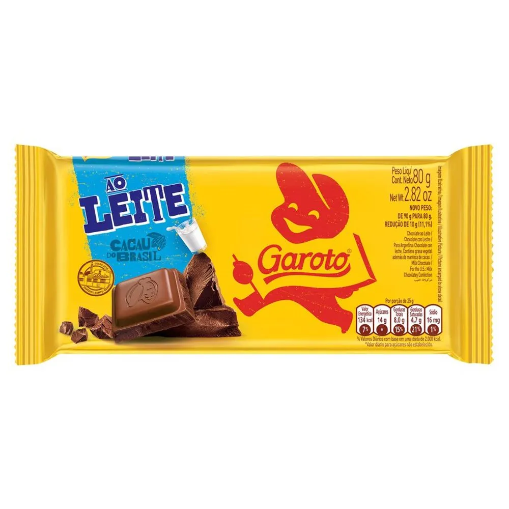 CHOCOLATE AO LEITE GAROTO PACOTE 80G 0