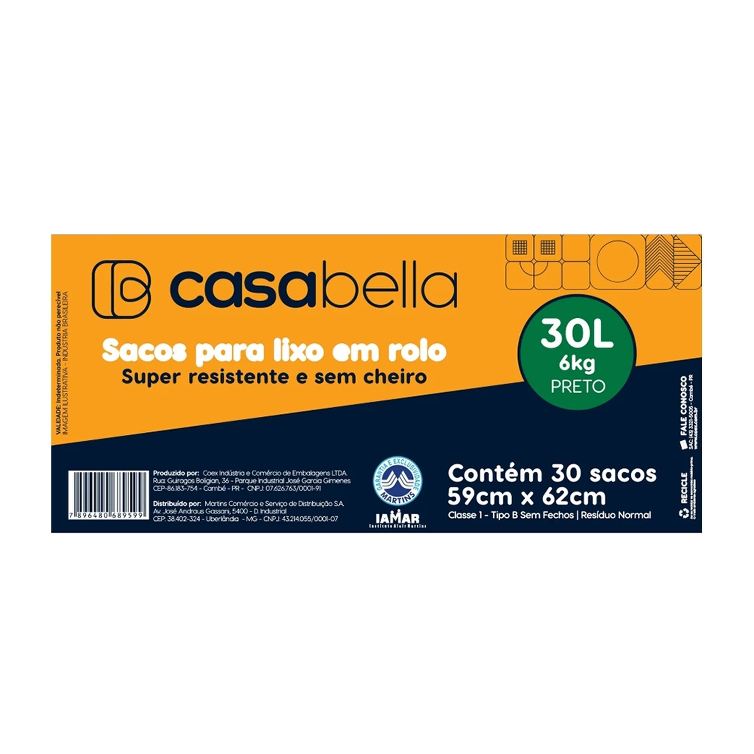SACO DE LIXO CASABELLA ROLO PRETO 30L - EMBALAGENS COM 30 UNIDADES