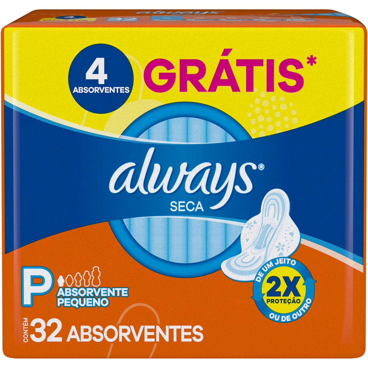 ABSORVENTE COM ABAS SECA ALWAYS PEQUENO PACOTE 32 UNIDADES GRÁTIS 4 ABSORVENTES 0