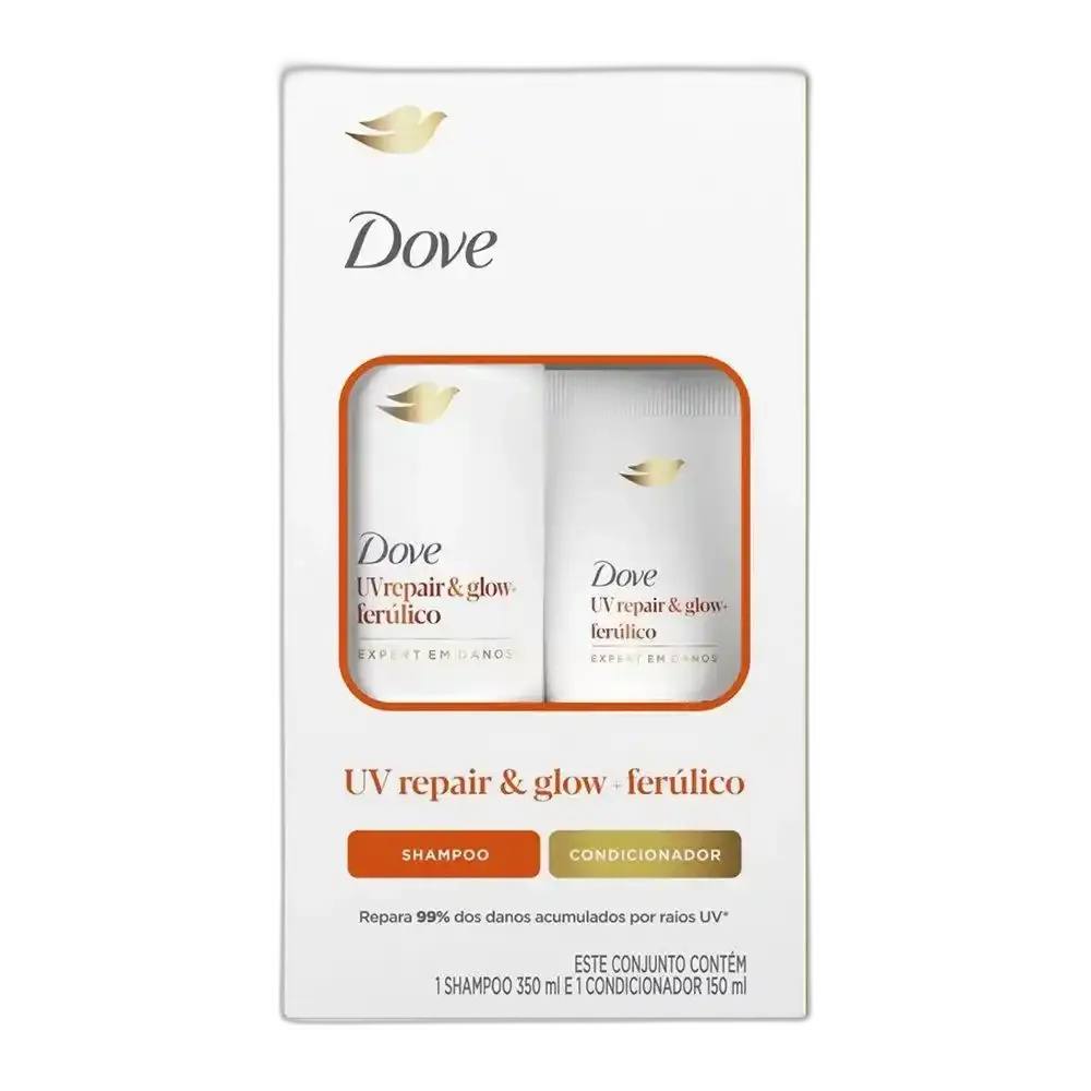 SHAMPOO 350ML + CONDICIONADOR DOVE UV REPAIR E GLOW + FERULICO 150ML