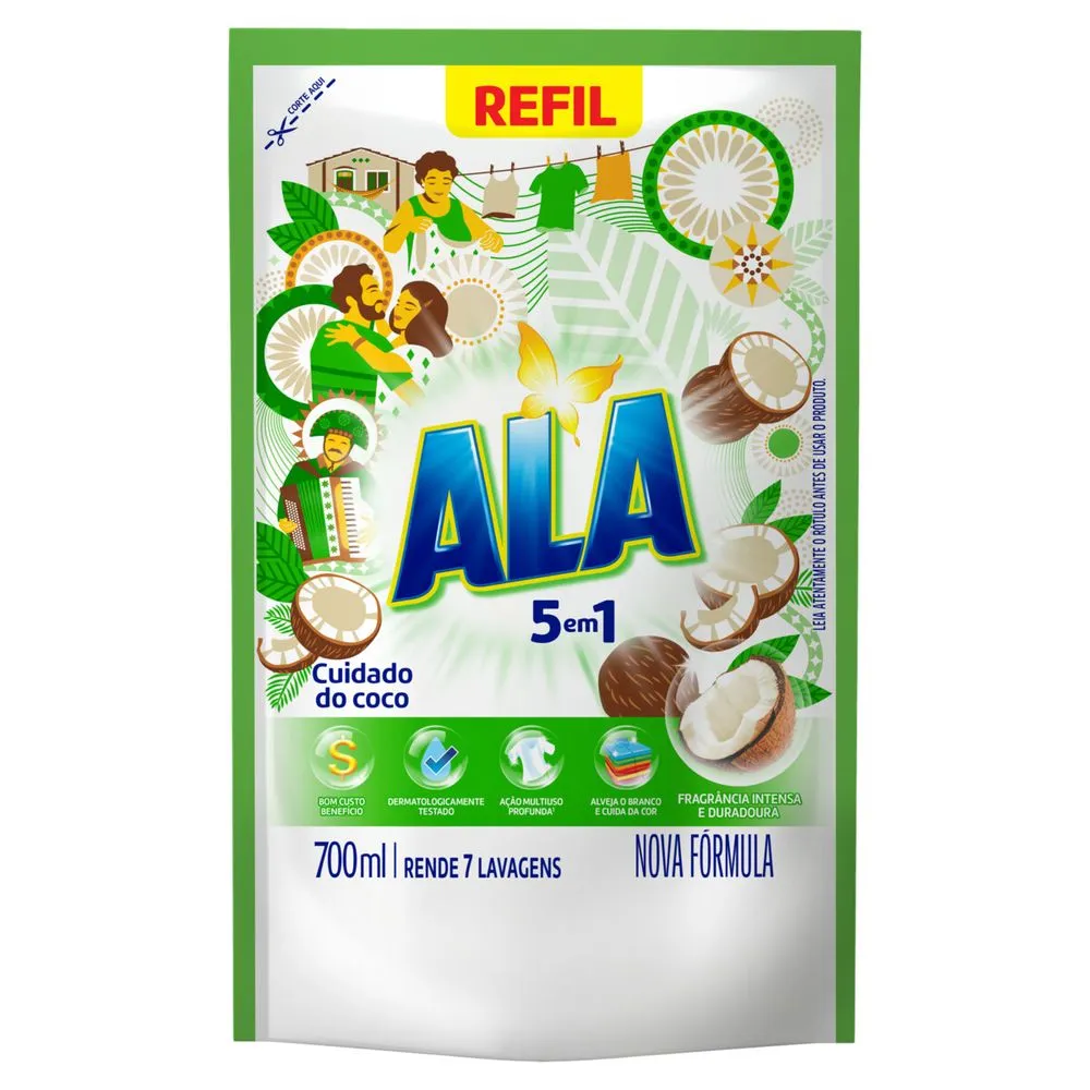 LAVA-ROUPAS LÍQUIDO CUIDADO DO COCO ALA SACHÊ 700ML REFIL