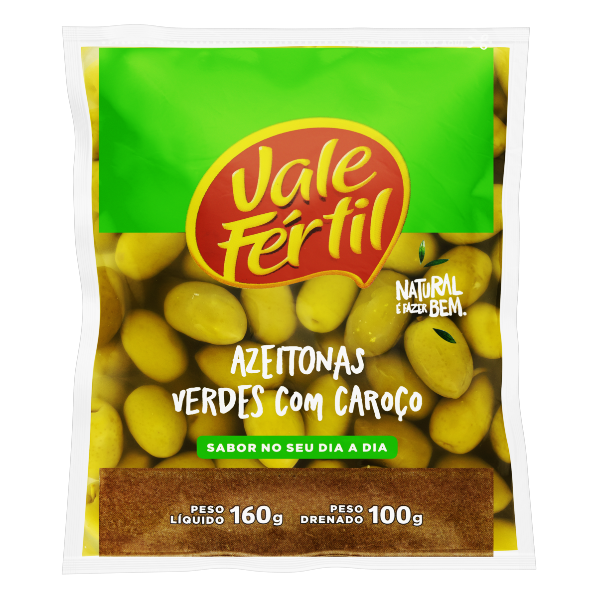 AZEITONA VERDE EM CONSERVA COM CAROÇO VALE FÉRTIL PACOTE 100G EMBALAGEM ECONÔMICA