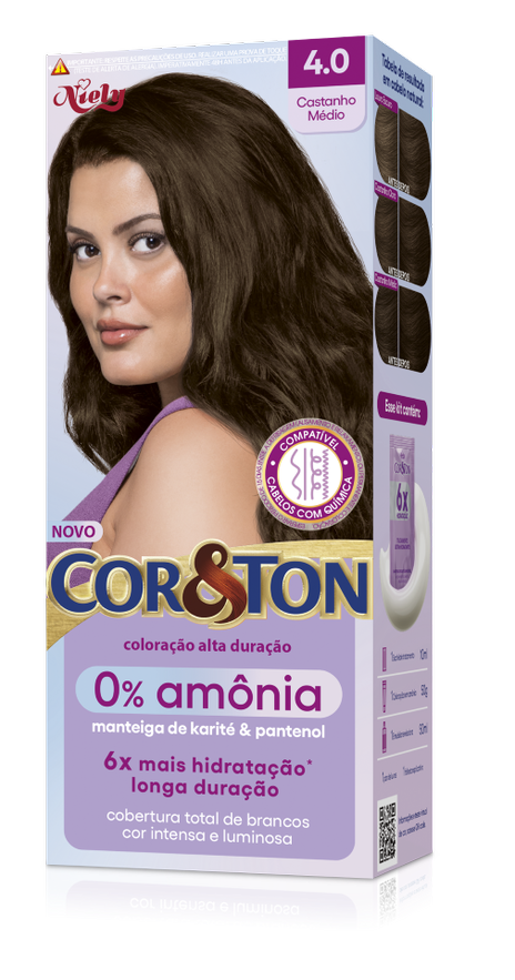 KIT COLORAÇÃO CREME 4.0 CASTANHO MÉDIO NIELY COR&TON