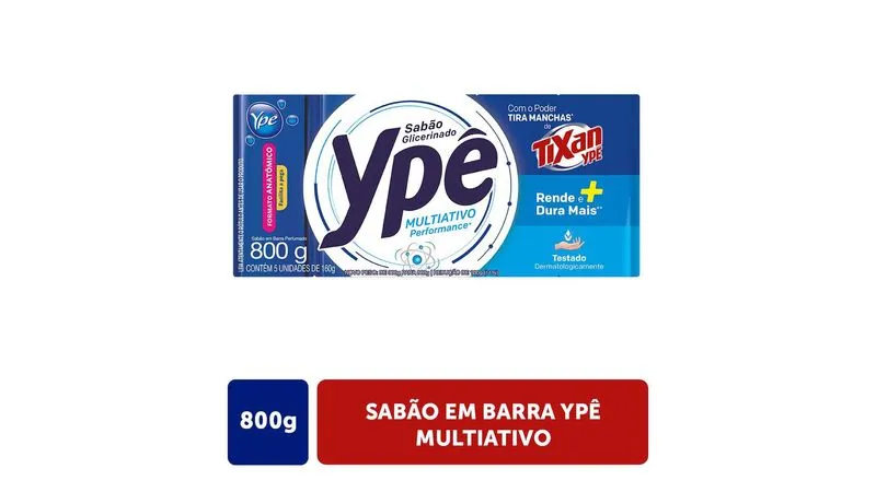 SABÃO BARRA GLICERINADO TIRA-MANCHAS YPÊ MULTIATIVO PACOTE 800G 5X160G