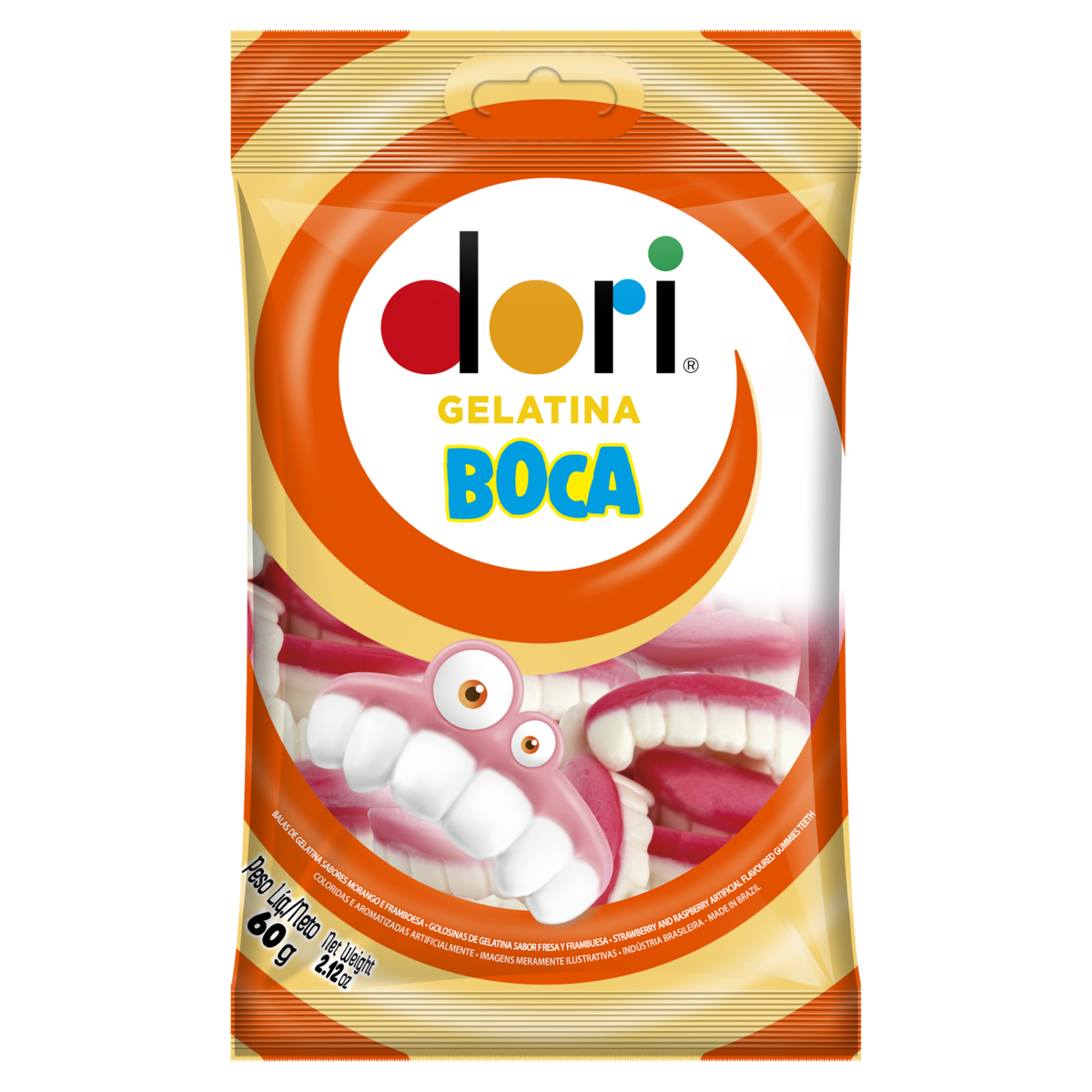 BALA DE GELATINA MORANGO E FRAMBOESA BOCA DORI PACOTE 60G