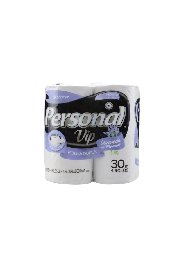 PAPEL HIGIÊNICO FOLHA DUPLA NEUTRO PERSONAL VIP 30M PACOTE 4 UNIDADES