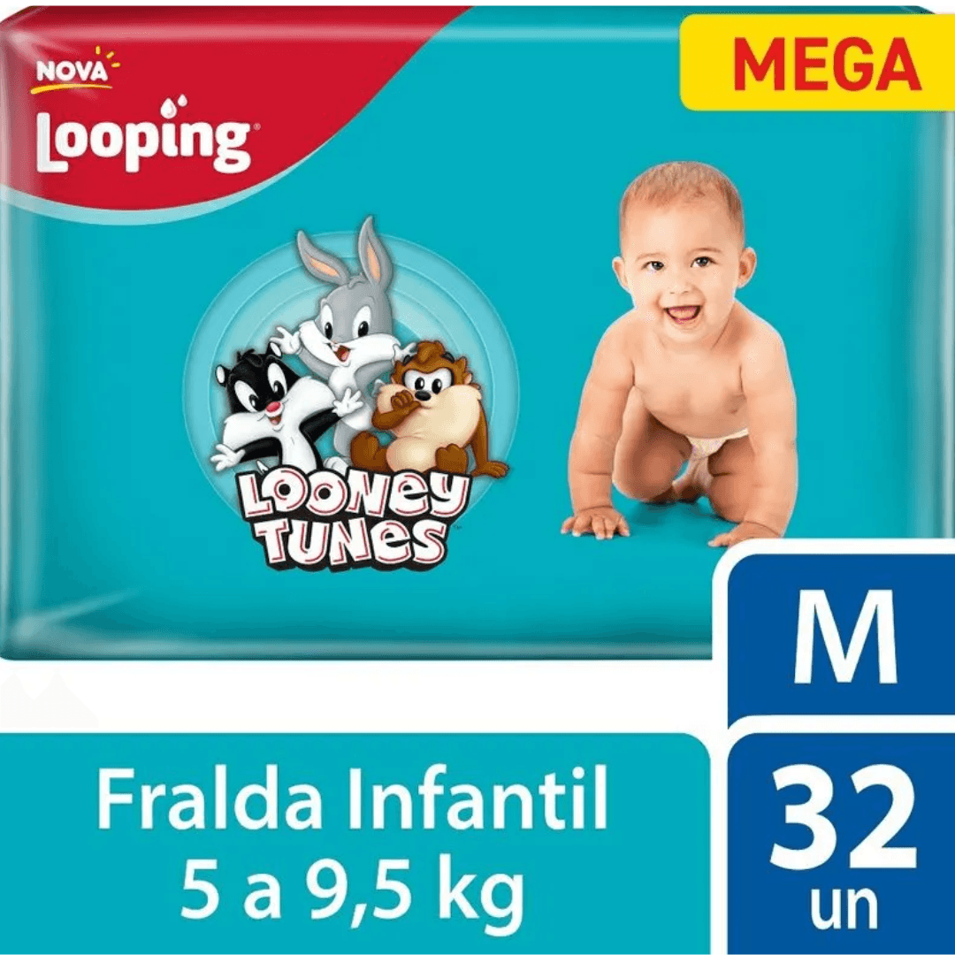FRALDA DESCARTÁVEL INFANTIL LOOPING M MEGAPACOTE 32 UNIDADES