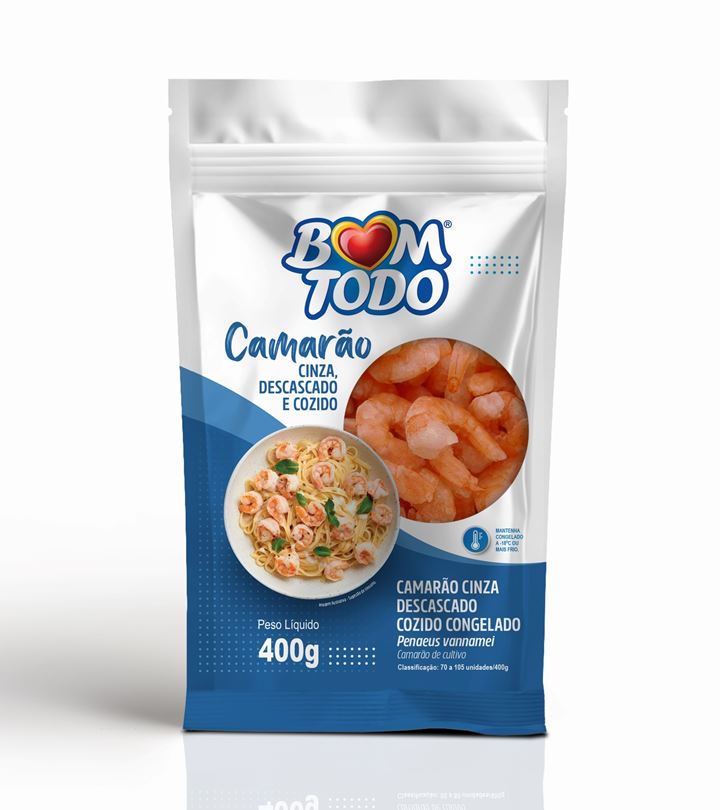 CAMARÃO CINZA DESCASCADO COZIDO CONGELADO BOM TODO PACOTE 400G