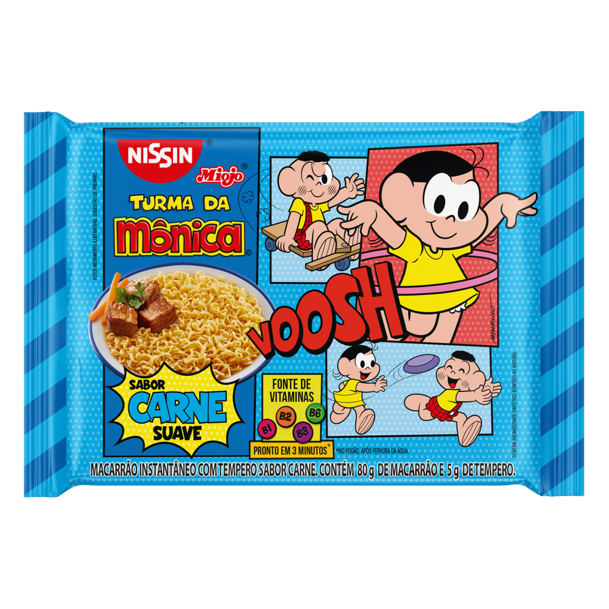 MACARRÃO INSTANTÂNEO LÁMEN CARNE SUAVE TURMA DA MÔNICA NISSIN MIOJO PACOTE 85G