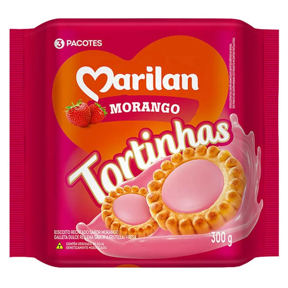 BISCOITO RECHEIO MORANGO MARILAN TORTINHAS PACOTE 300G