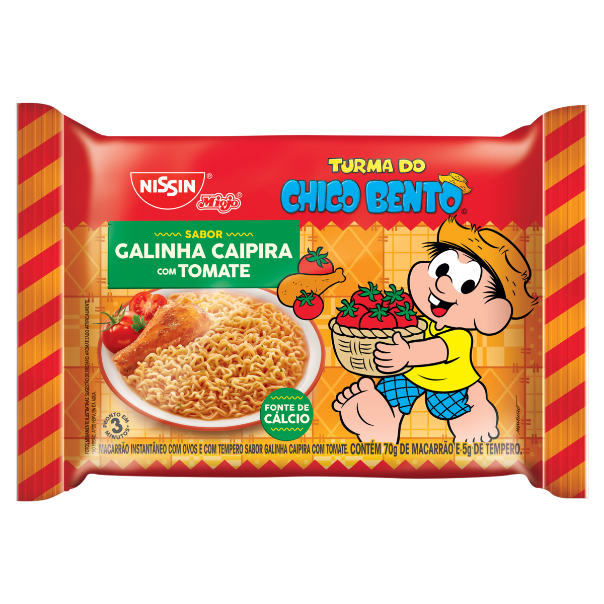 MACARRÃO INSTANTÂNEO GALINHA CAIPIRA COM TOMATE TURMA DO CHICO BENTO NISSIN MIOJO PACOTE 75G