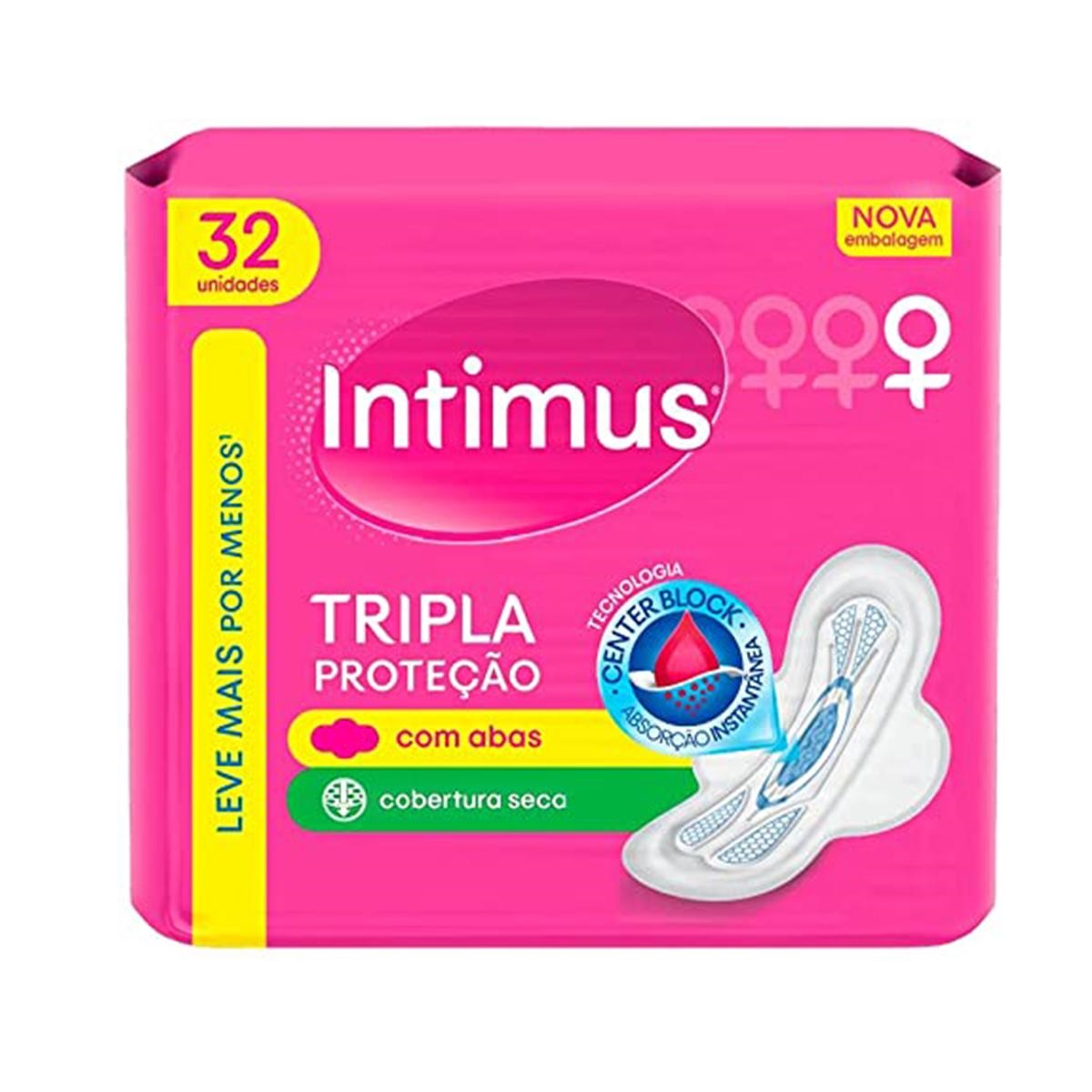 ABSORVENTE COM ABAS SECA INTIMUS TRIPLA PROTEÇÃO PACOTE 32 UNIDADES LEVE MAIS PAGUE MENOS