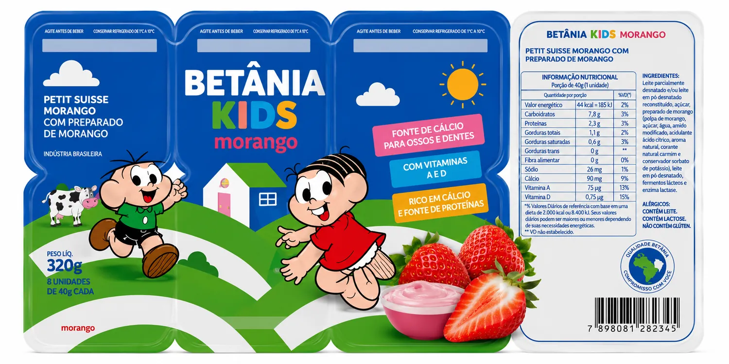 PETIT SUISSE MORANGO TURMA DA MÔNICA BETÂNIA KIDS BANDEJA 320G 8 UNIDADES