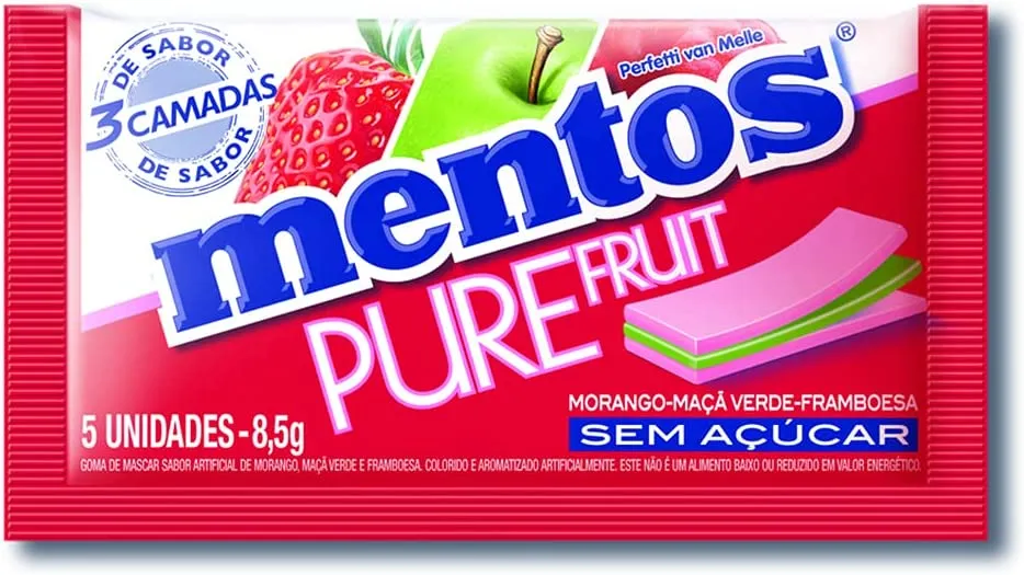 GOMA DE MASCAR MORANGO, MAÇÃ-VERDE E FRAMBOESA ZERO AÇÚCAR MENTOS PURE FRUIT ENVELOPE 8,5G 5 UNIDADES