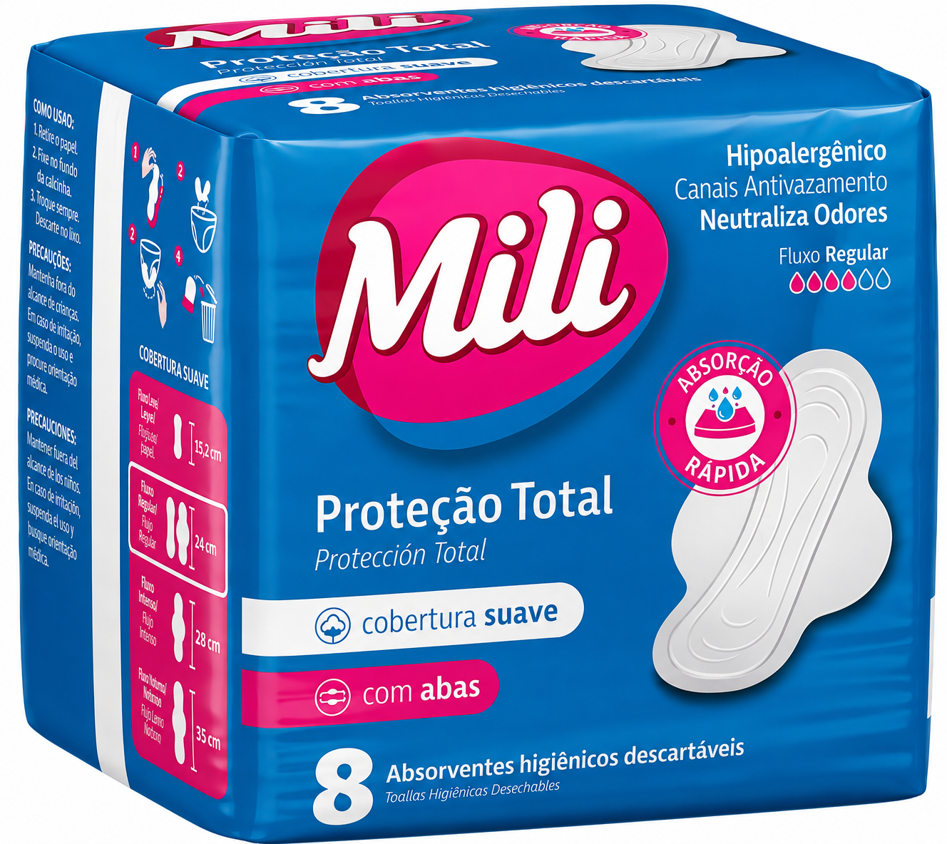 ABSORVENTE MILI PROTEÇÃO TOTAL COM 8 SUAVE COM ABAS
