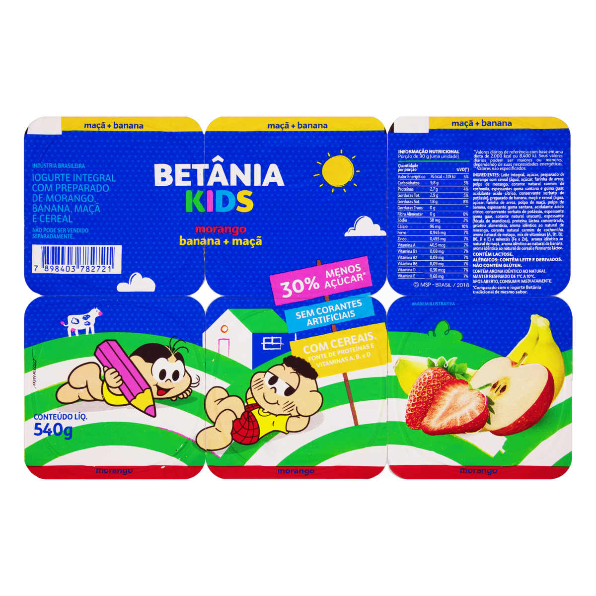 IOGURTE INTEGRAL MORANGO + BANANA E MAÇÃ TURMA DA MÔNICA BETÂNIA KIDS BANDEJA 540G 6 UNIDADES 0