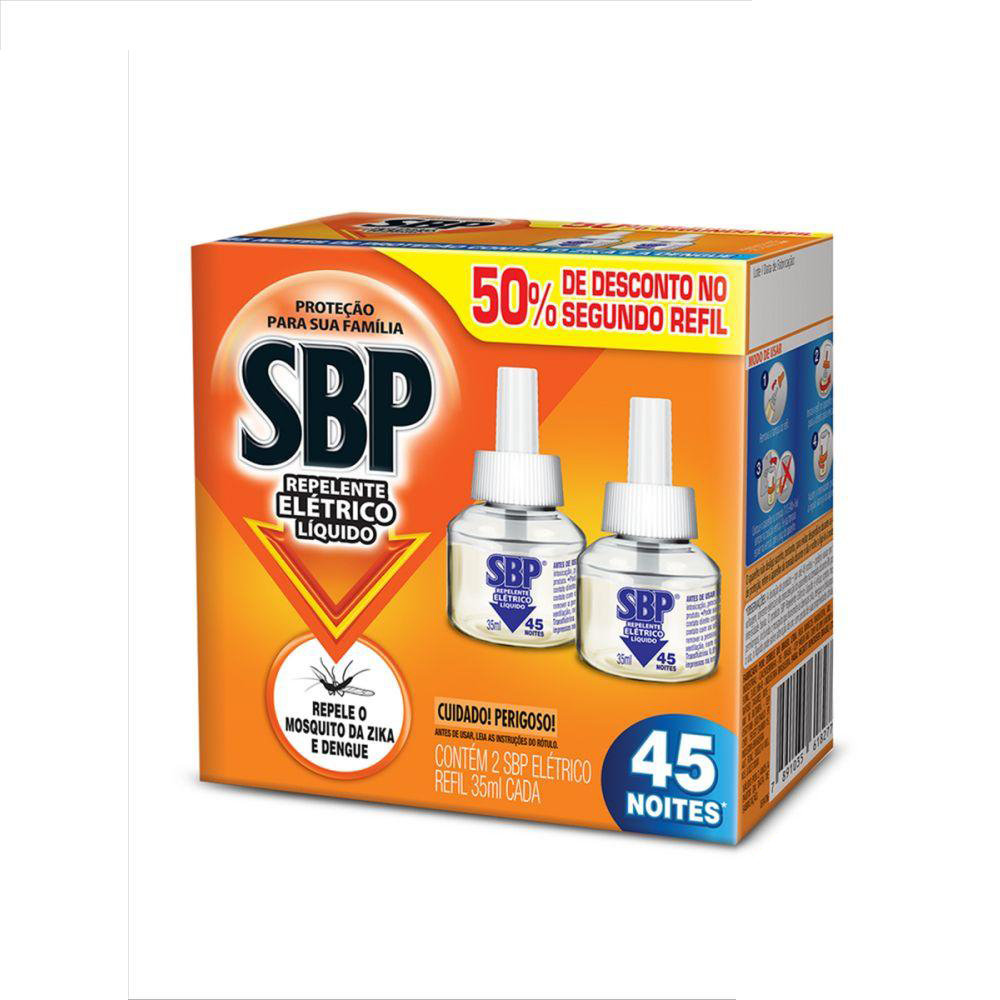 REPELENTE LÍQUIDO ELÉTRICO SBP CAIXA 2 UNIDADES 32,9ML CADA GRÁTIS 50% DE DESCONTO NA 2ª UNIDADE REFIL 0