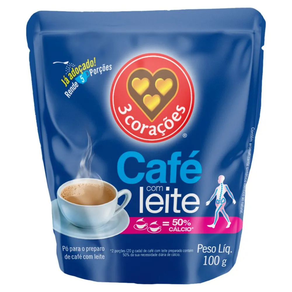 CAFÉ COM LEITE SOLÚVEL 3 CORAÇÕES SACHÊ 100G REFIL 0