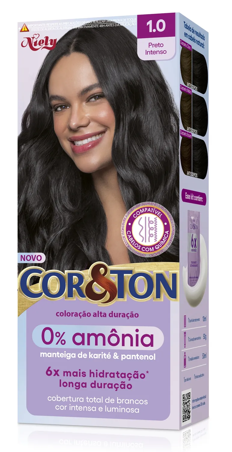 KIT COLORAÇÃO CREME 1.0 PRETO INTENSO NIELY COR&TON