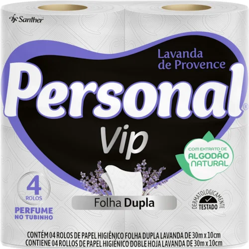 PAPEL HIGIÊNICO FOLHA DUPLA LAVANDA DE PROVENCE PERSONAL VIP 30M PACOTE 4 UNIDADES