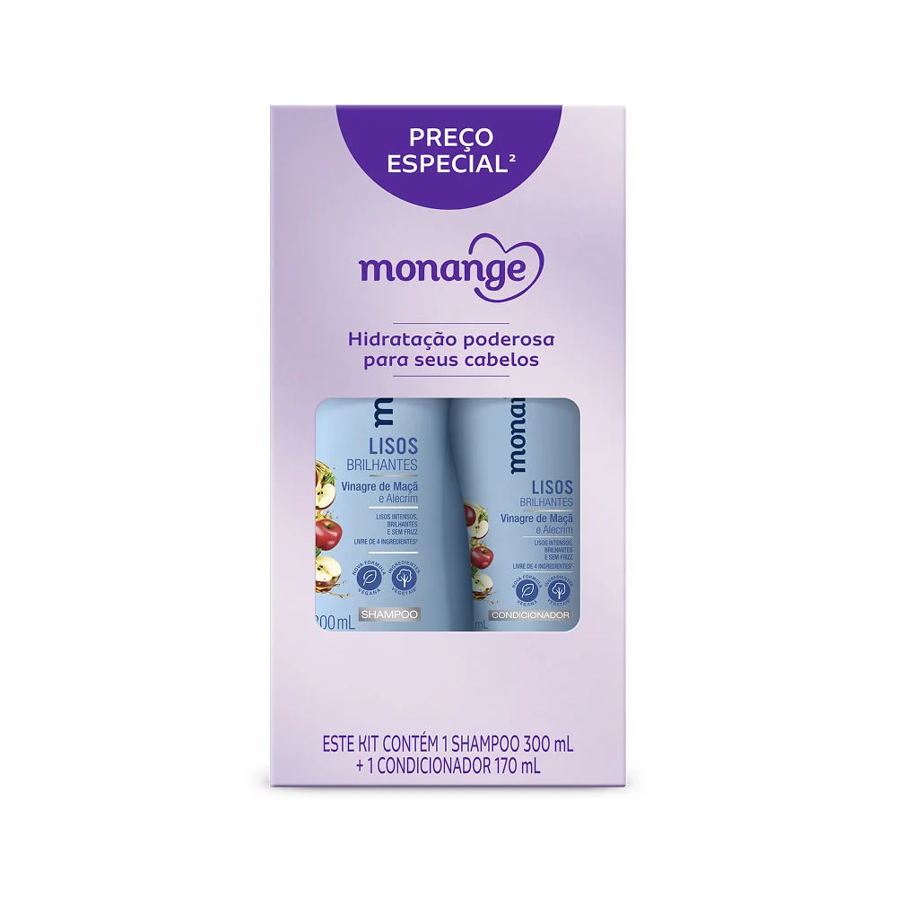 KIT SHAMPOO 300ML + CONDICIONADOR 170ML MONANGE LISOS BRILHANTES
