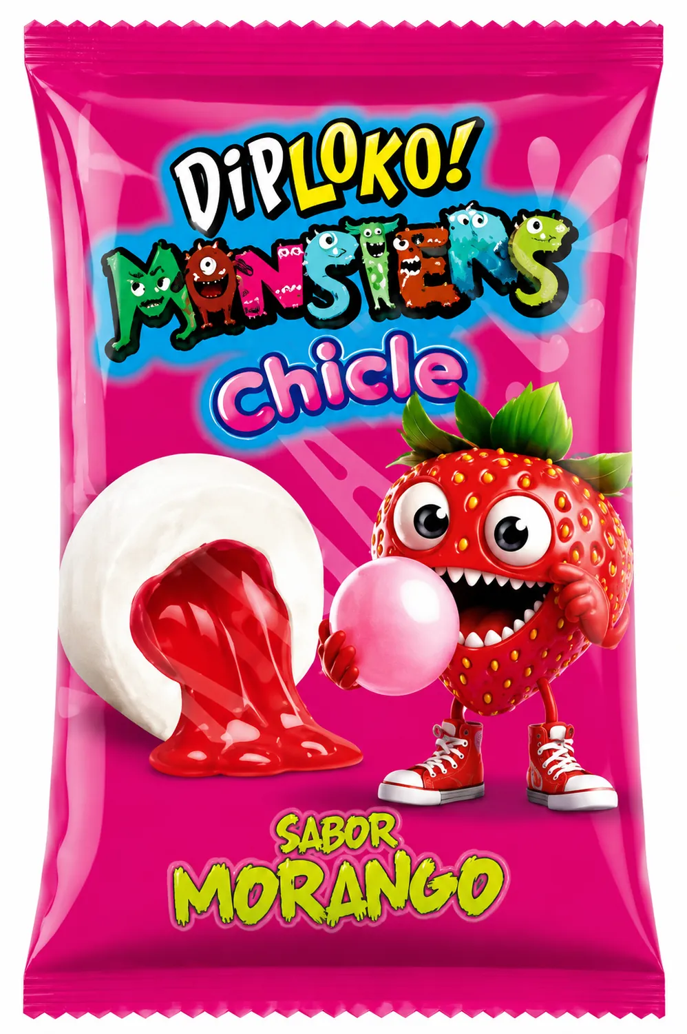 CHICLETE DIP LOKO MONSTER GOMA DE MASCAR MORANGO 6,8G