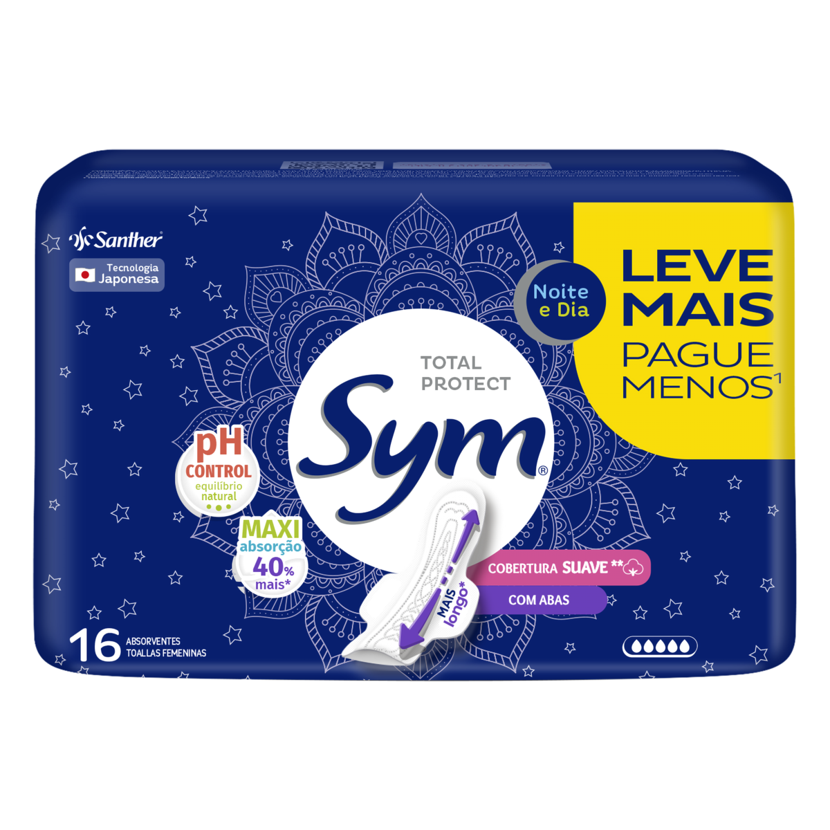 ABSORVENTE COM ABAS NOITE E DIA TOTAL PROTECT SUAVE SYM PACOTE 16 UNIDADES LEVE MAIS PAGUE MENOS