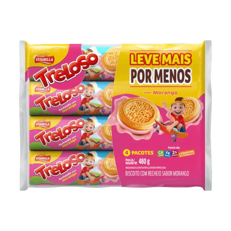 BISCOITO VITARELLA TRELOSO RECHEADO PACOTE DE 480G SABOR MORANGO