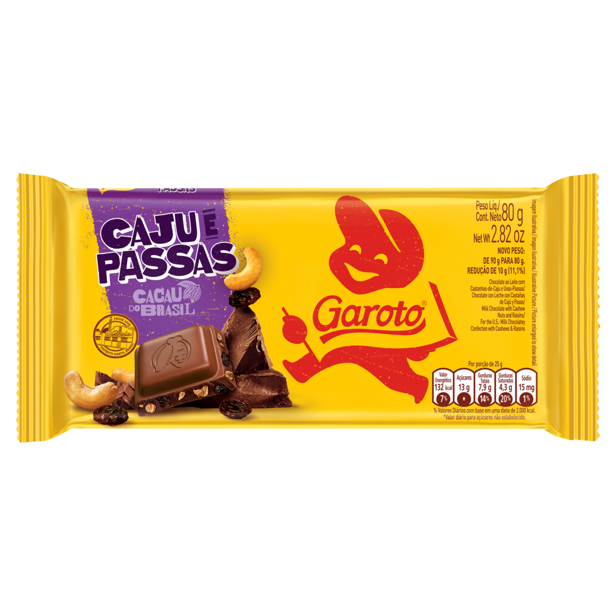 CHOCOLATE AO LEITE CAJU E PASSAS GAROTO PACOTE 80G
