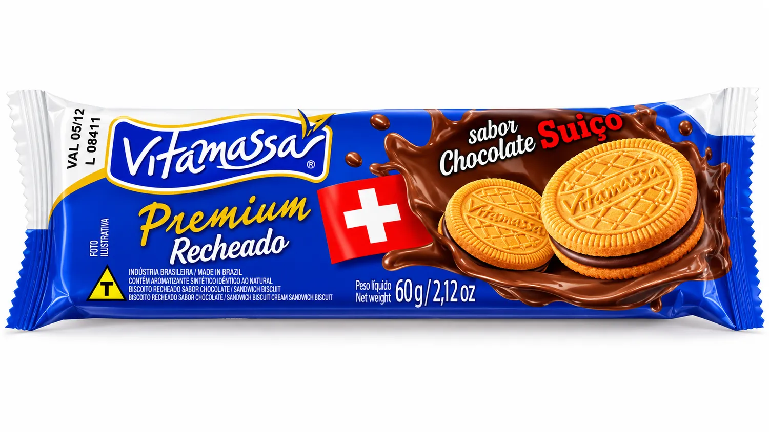 BISCOITO RECHEADO CHOCOLATE SUIÇO 60G VITAMASSA