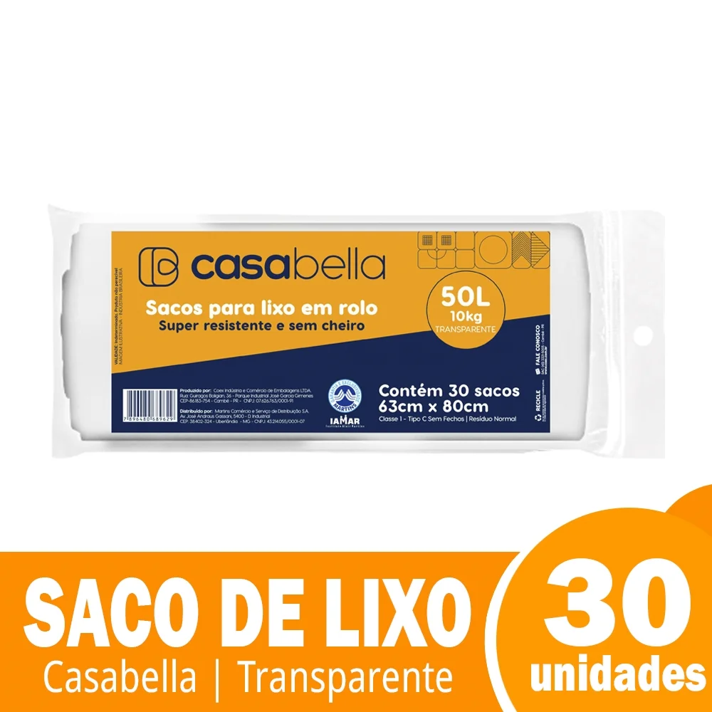 SACO DE LIXO CASABELLA 50 LITROS TRANSPARENTE ROLO 30 UNIDADES