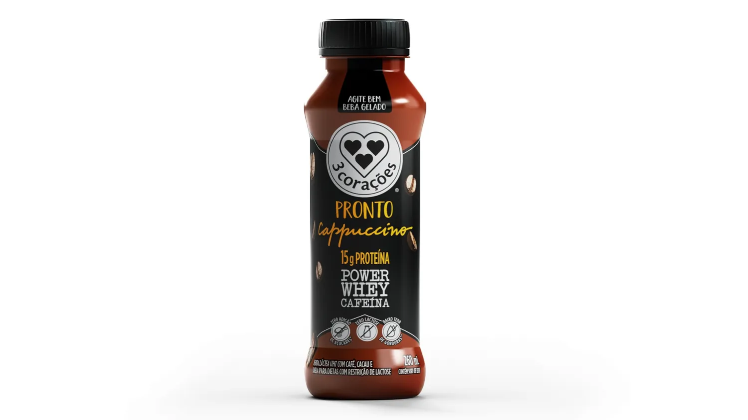 BEBIDA LÁCTEA UHT CAPPUCCINO ZERO LACTOSE 3 CORAÇÕES POWER WHEY CAFEÍNA FRASCO 260ML 0