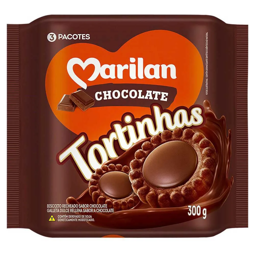 BISCOITO RECHEIO CHOCOLATE MARILAN TORTINHAS PACOTE 300G 0