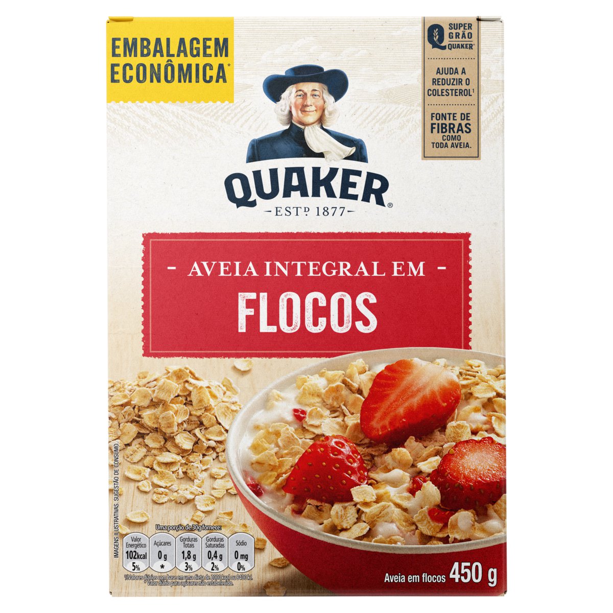 AVEIA EM FLOCOS QUAKER CAIXA 450G EMBALAGEM ECONÔMICA