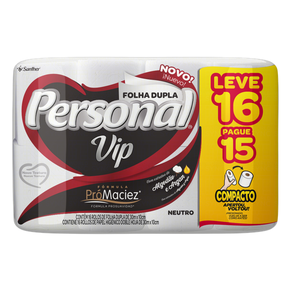 PAPEL HIGIÊNICO FOLHA DUPLA NEUTRO PERSONAL VIP 30M PACOTE LEVE 16 PAGUE 15 UNIDADES