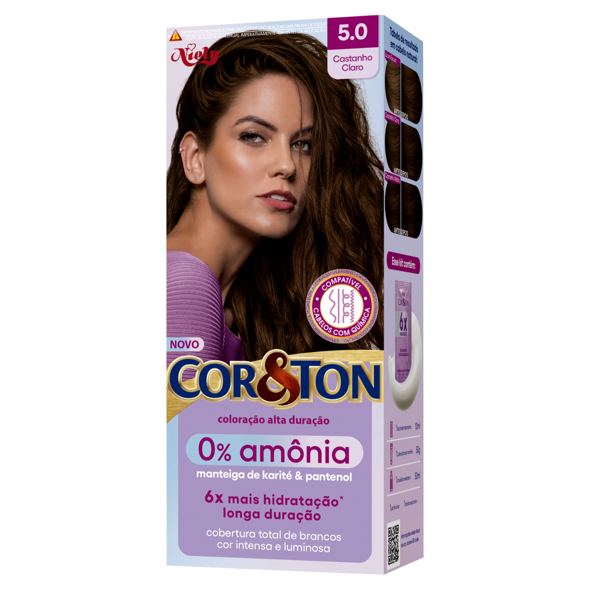 KIT COLORAÇÃO CREME 5.0 CASTANHO CLARO NIELY COR&TON