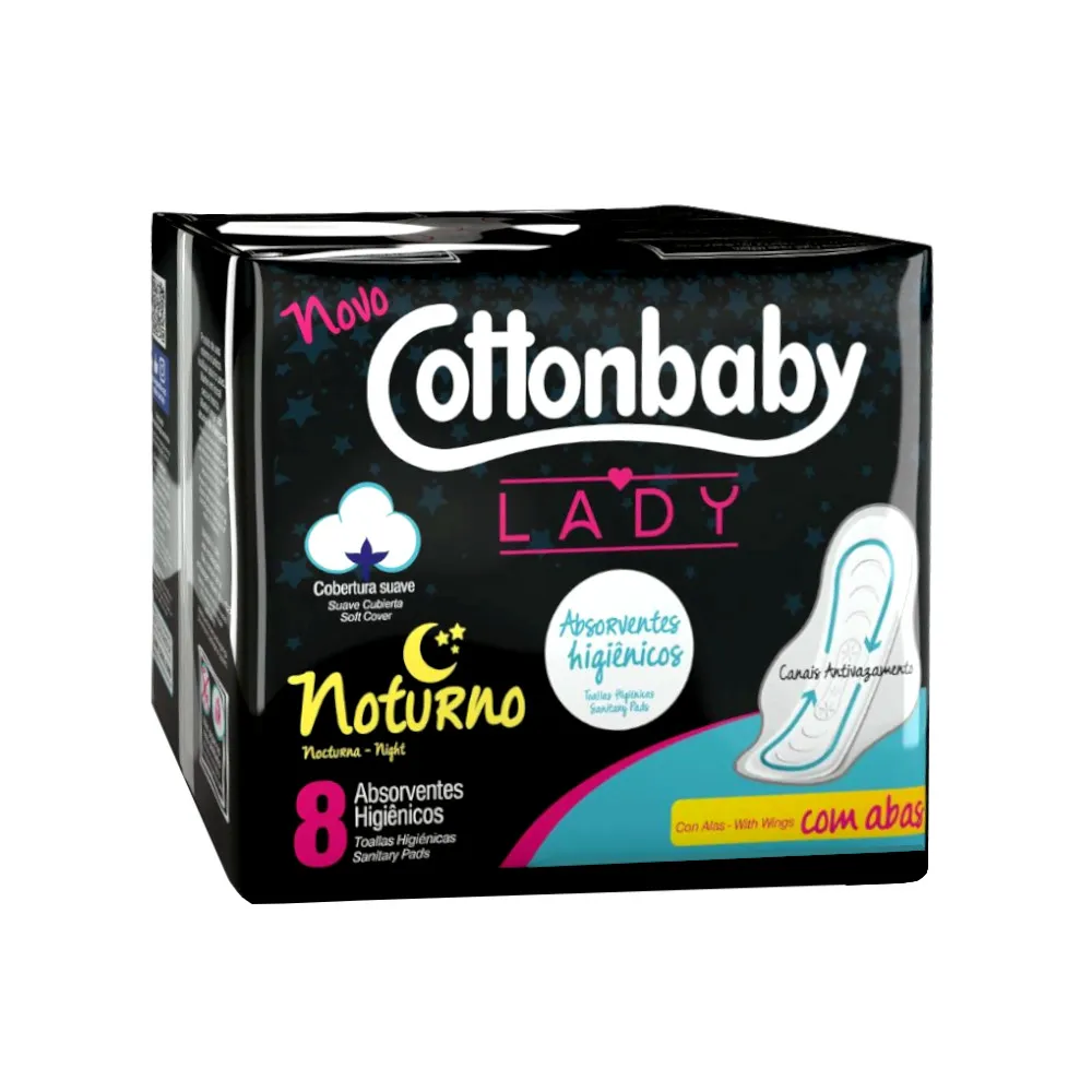 ABSORVENTE COM ABAS SUAVE COTTONBABY LADY NOTURNO PACOTE 8 UNIDADES