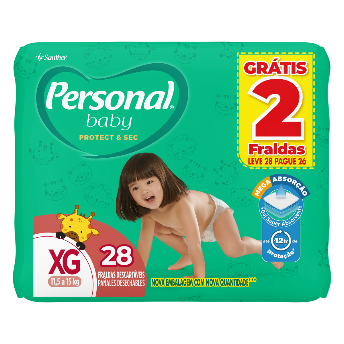 FRALDA DESCARTÁVEL PERSONAL BABY PROTECT & SEC XG PACOTE LEVE 28 PAGUE 26 UNIDADES