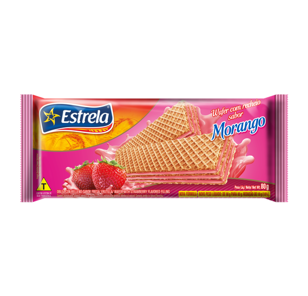 BISCOITO WAFER RECHEIO MORANGO ESTRELA PACOTE 80G