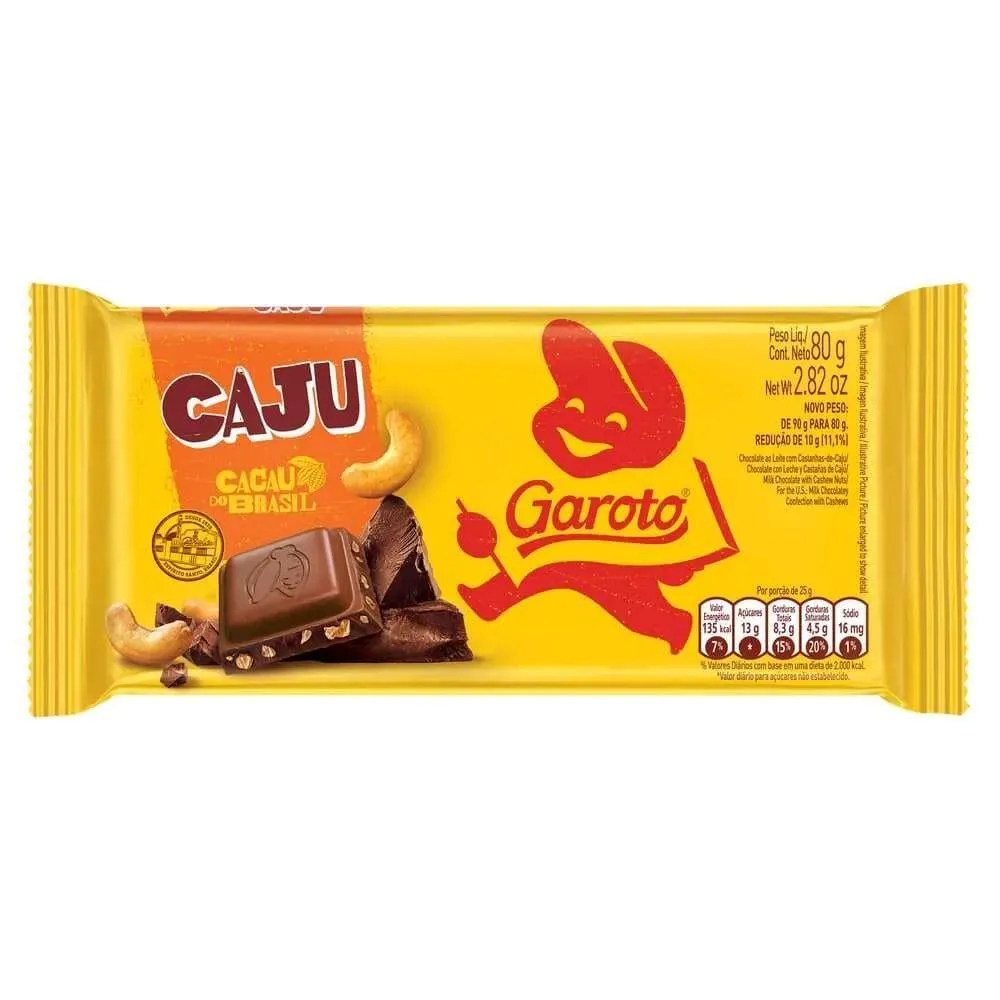 CHOCOLATE AO LEITE COM CASTANHA-DE-CAJU GAROTO PACOTE 80G